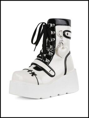 Goth Platform Ankle Boots Lace Up Punk Combat Rave Booties Wedge PU Leather